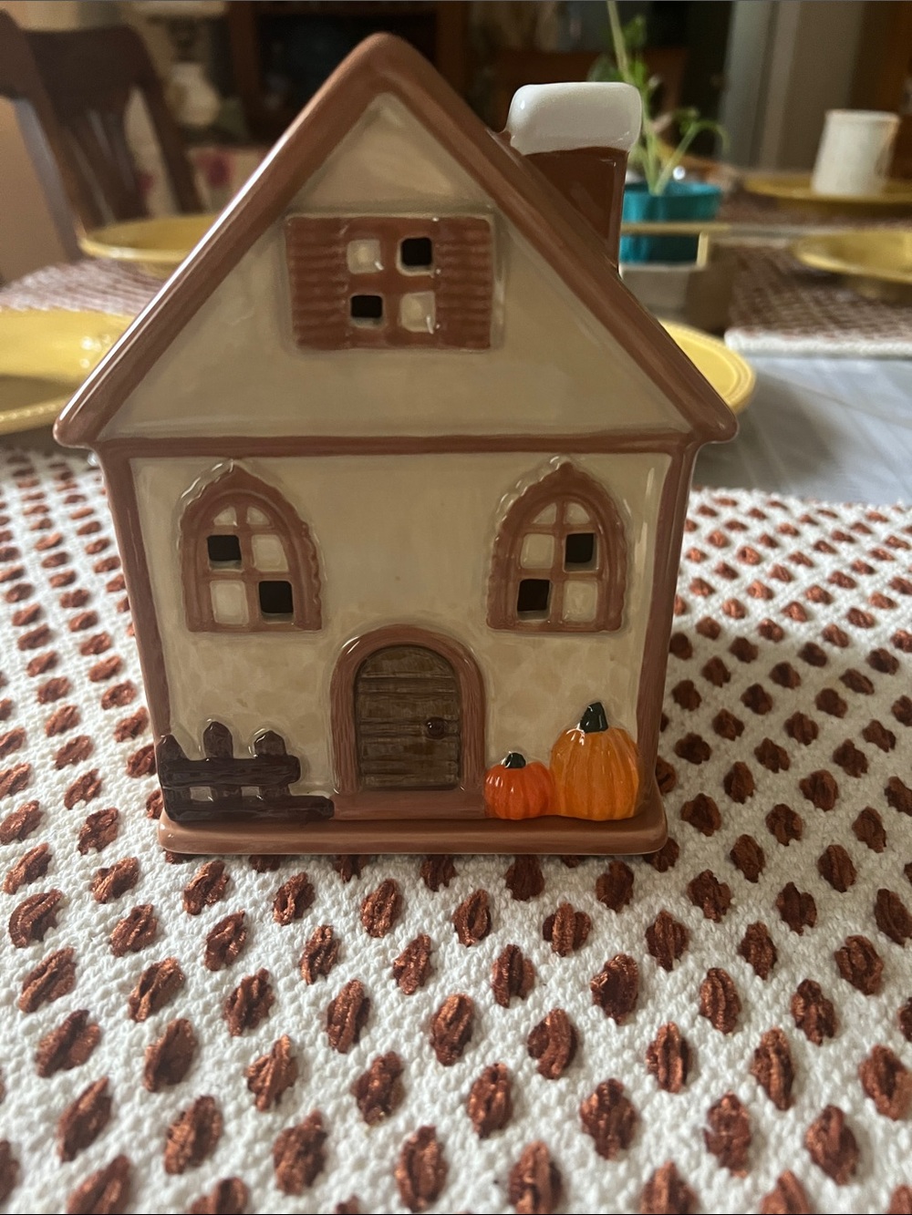 Ceramic Decorative House with Pumpkin Accent - Cream & Brown